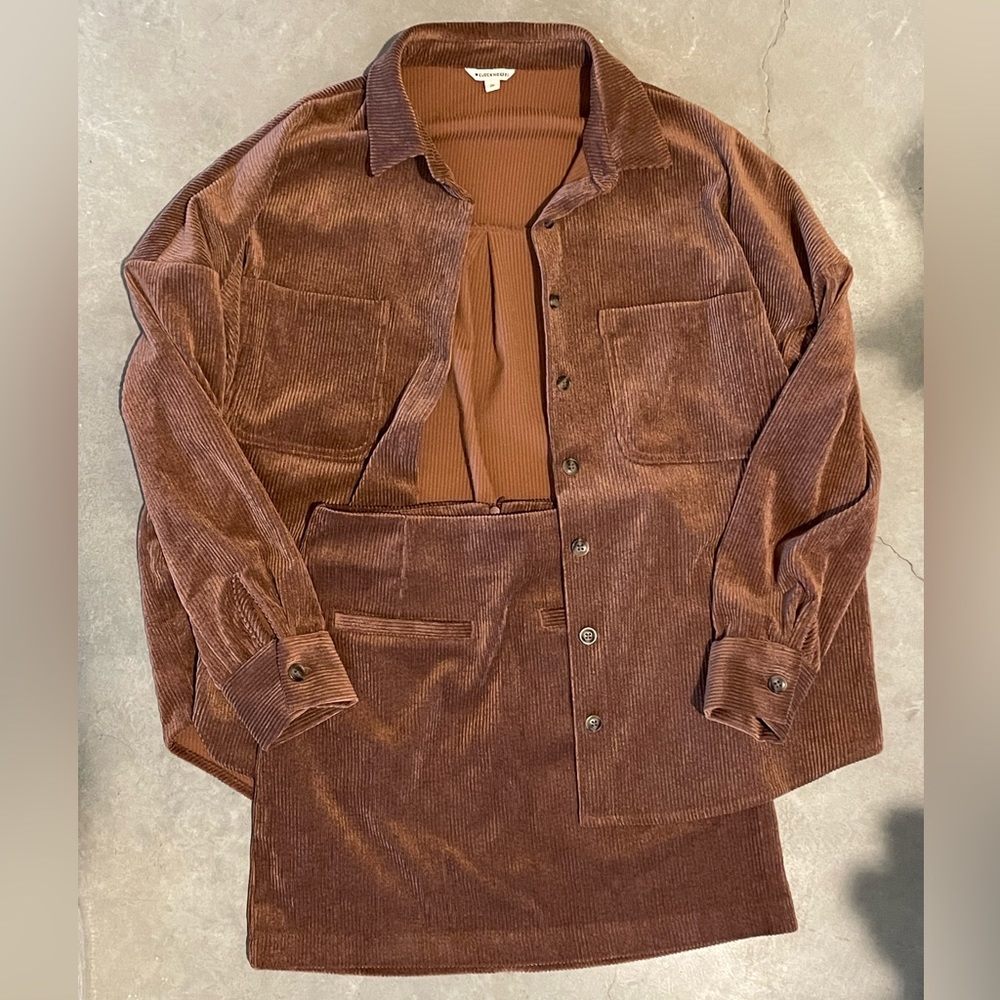 Corduroy Shirt and Skirt Set - Brown